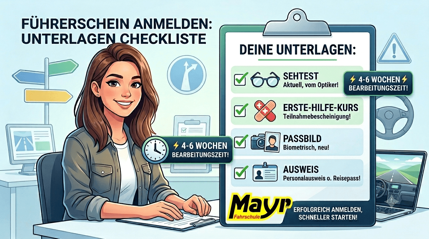 Checkliste für Unterlagen zur Führerschein-Anmeldung bei der Fahrschule Mayr.