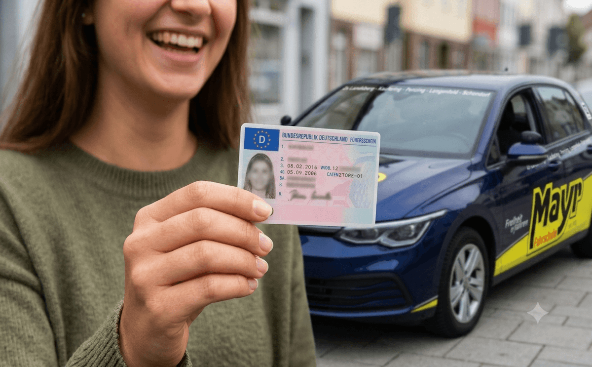 Eine glücklich lächelnde Fahrschülerin hält stolz ihren frisch bestandenen Führerschein in die Kamera. Sie steht vor dem modernen Fahrschulfahrzeug der Fahrschule Mayr
